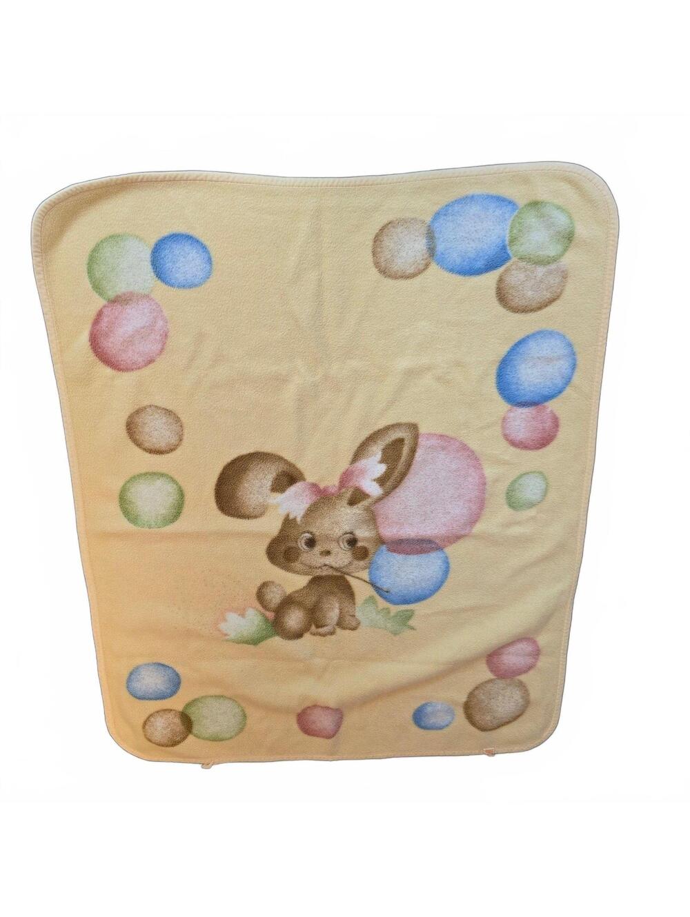Vintage MORA Acrylic Baby Toddler Throw Blanket Yellow Bunny Bubbles Balloons